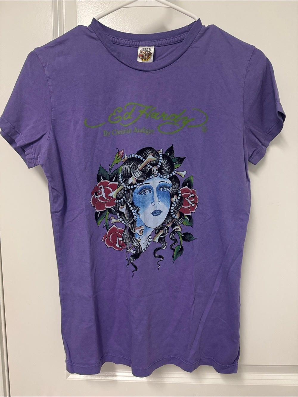 Ed Hardy Lavender Graphic Tee with Medusa Illustration